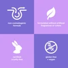 Non-comedogenic, fragrance-free, cruelty-free, gluten-free and vegan icons