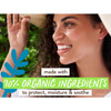 Smiling woman in a sun hat, made with organic ingredients graphic