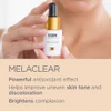 Hands holding Melaclear bottle with benefit text