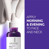 Gloved hand with Mela B3 dropper and apply morning and evening to face and neck text
