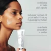 Woman with peel on her cheek holding Dark Spot Peel tube with benefit callouts