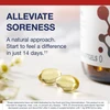 Golden softgels beside the bottle, alleviate soreness, feel a difference in 14 days