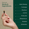 Hand holding a capsule beside the Revive HPA herbs and ingredients list