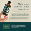 Hand holding the syrup bottle, made in the USA with global ingredients graphic with dosage by age