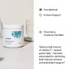 Vitamin C tub beside a glass, foundational, immune support and third-party certified graphic