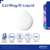 Drop of Cal/Mag/D Liquid with gluten, GMO, soy, dairy free and vegetarian icons