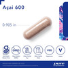 Acai 600 capsule measuring 0.905 inches with free-from and vegan icons
