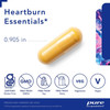 Heartburn Essentials capsule measuring 0.905 inches with vegan and non-GMO icons