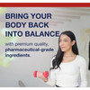 Woman holding a pink dumbbell, bring your body back into balance graphic
