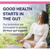 Woman sitting cross-legged with good health starts in the gut text