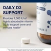 Tablet beside the bottle, daily D3 support graphic
