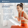 Smiling woman in orange workout clothes, Metagenics difference banner