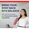 Woman holding a red water bottle, bring your body back into balance graphic