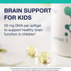Softgels beside the bottle, brain support for kids with 50 mg DHA per softgel