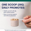 Hand holding a scoop of powder, one 29 g scoop daily graphic