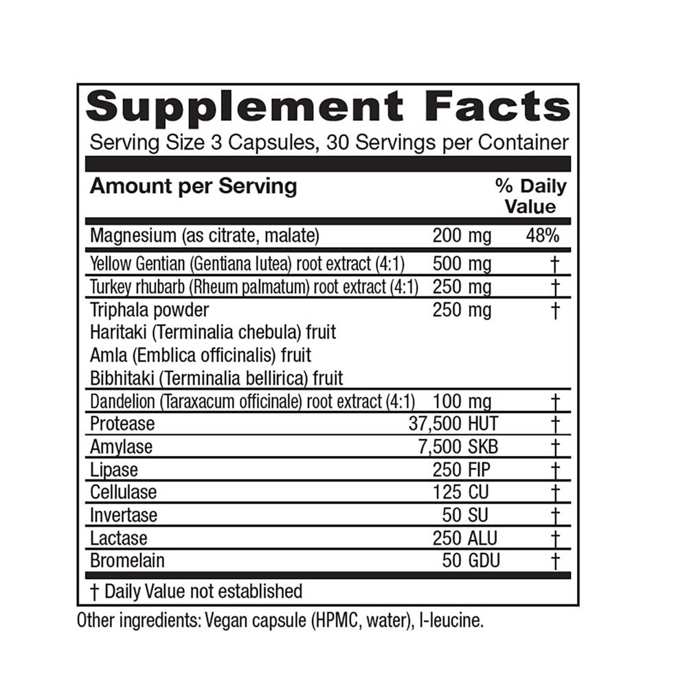 Colon Motility Blend supplement facts, 3 capsule serving with magnesium, herbs and digestive enzymes