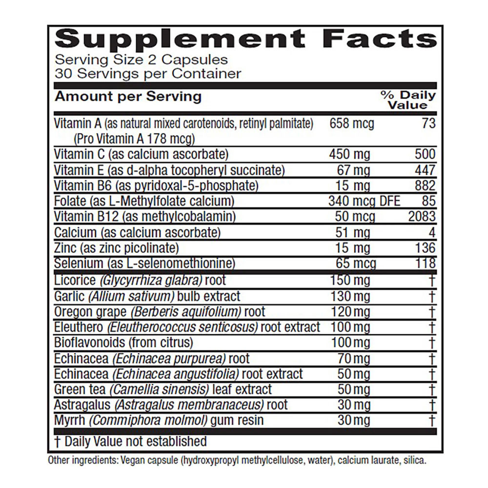Immune Symmetry supplement facts with vitamins, zinc, selenium, garlic, echinacea, green tea and other herbs