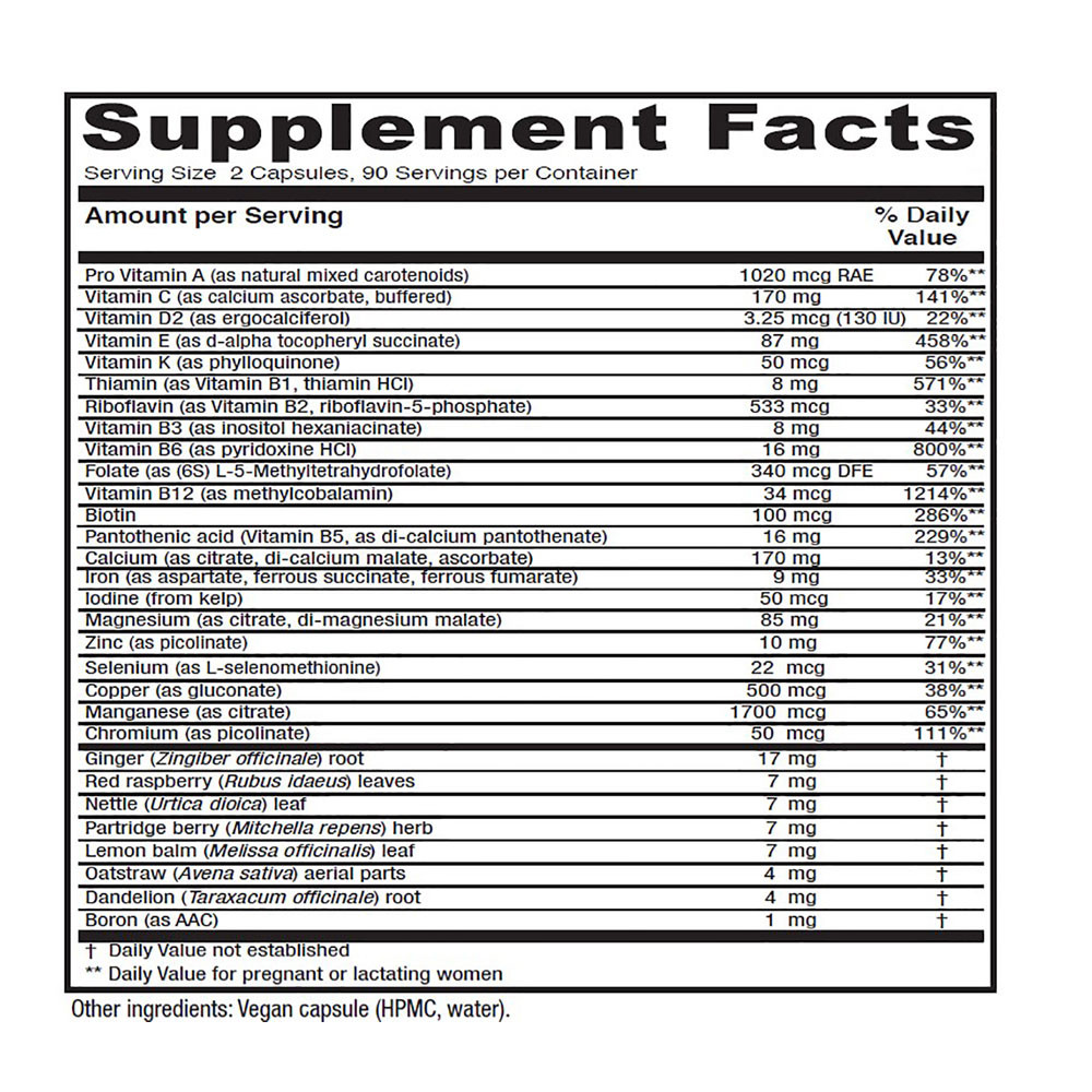 Maternal Symmetry supplement facts with vitamins, minerals and herbal ingredients per serving