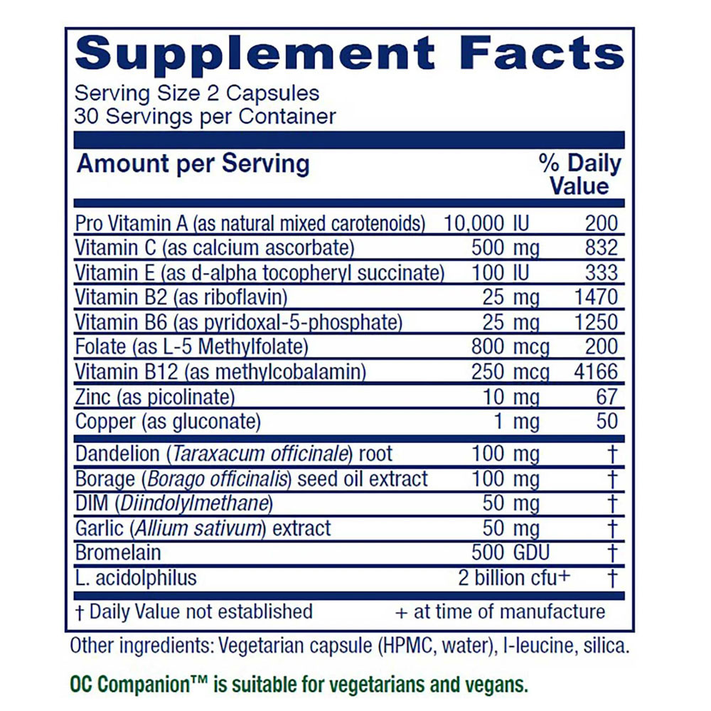 OC Companion supplement facts with vitamins A, C, E and B, zinc, copper, dandelion, borage, DIM and L. acidophilus