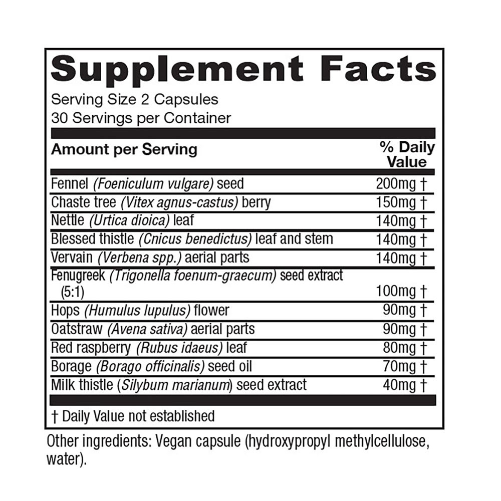 Lactation Blend supplement facts with fennel, chaste tree, nettle, blessed thistle, fenugreek and other herbs