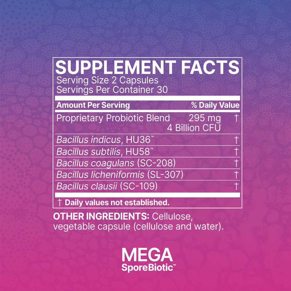 MegaSporeBiotic supplement facts, 2 capsules, 30 servings, 4 billion CFU blend