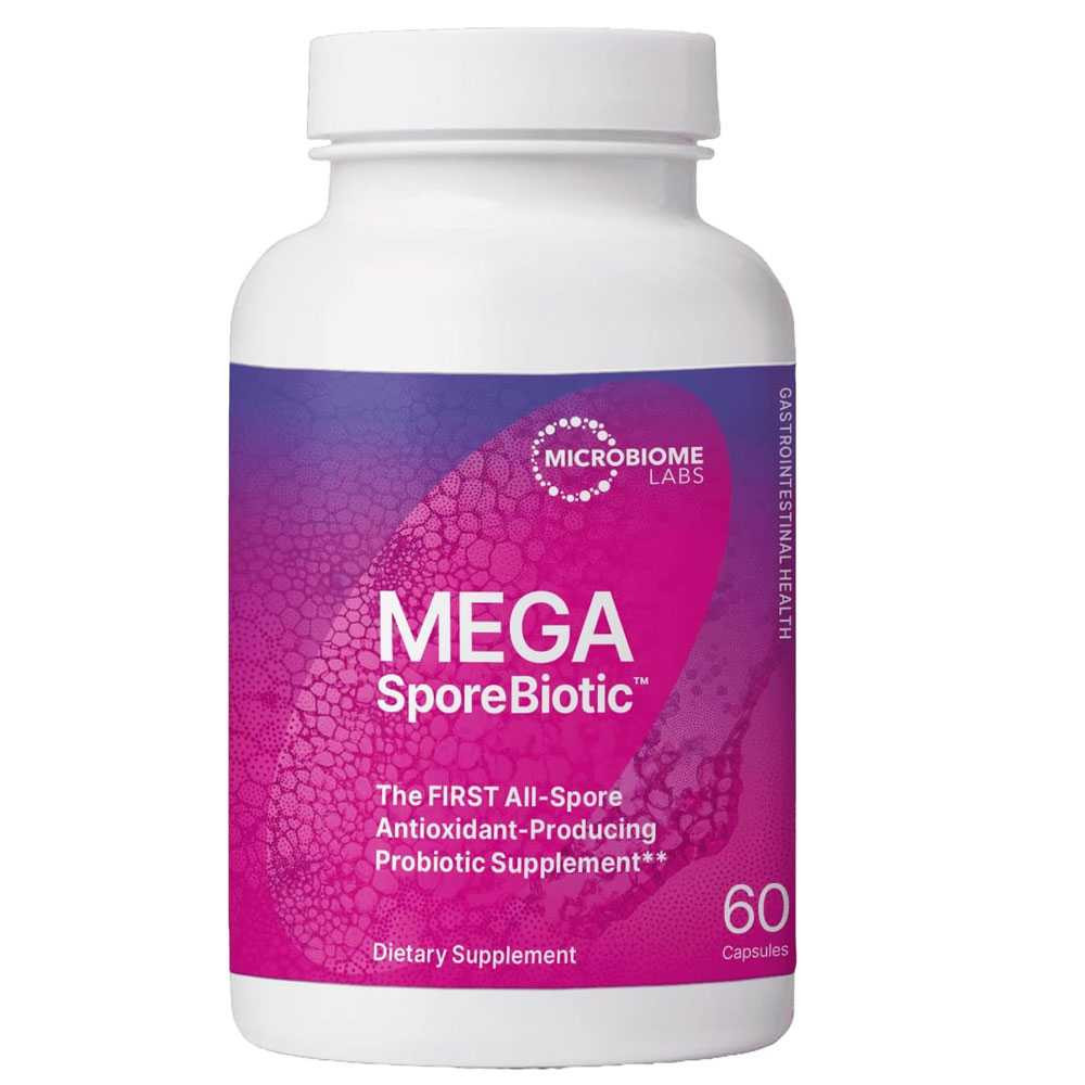 Microbiome Labs MegaSporeBiotic 60 capsule bottle, pink and purple label