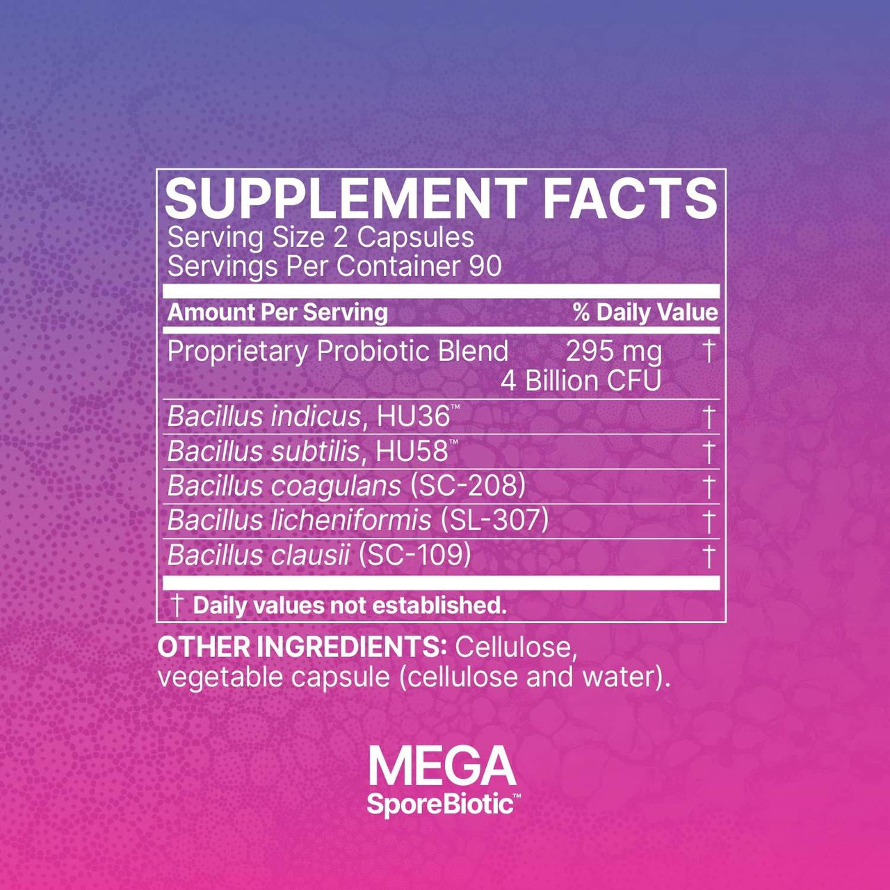 MegaSporeBiotic supplement facts on pink panel, 90 servings per container