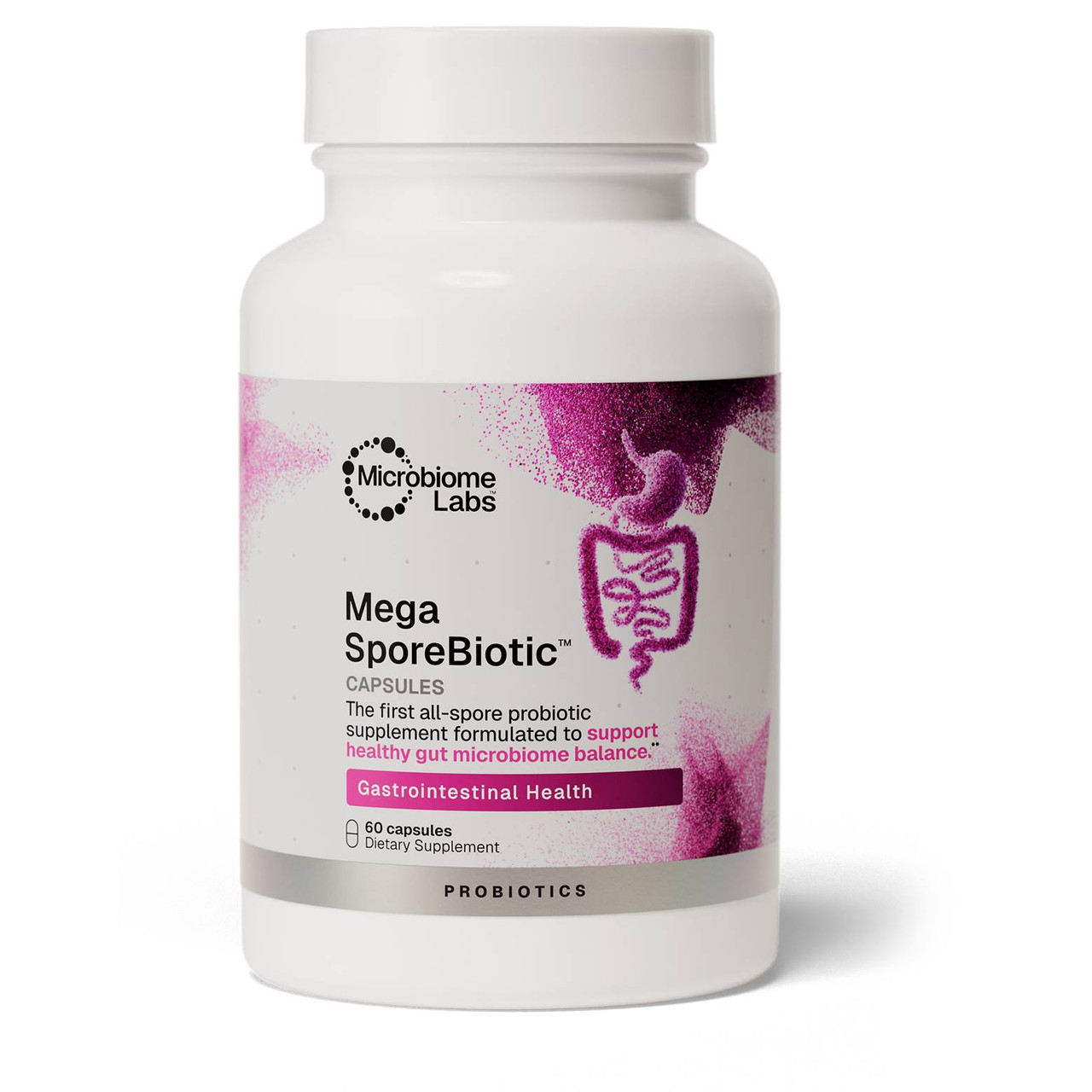MegaSporeBiotic new-look bottle, white label with pink gut illustration