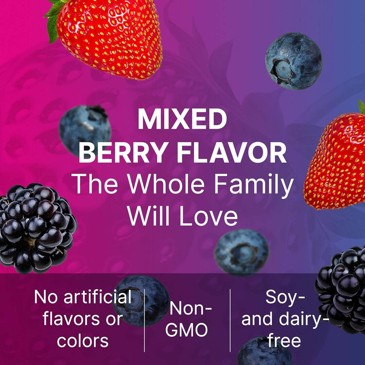 Mixed berry flavor graphic with strawberries, blueberries and blackberries