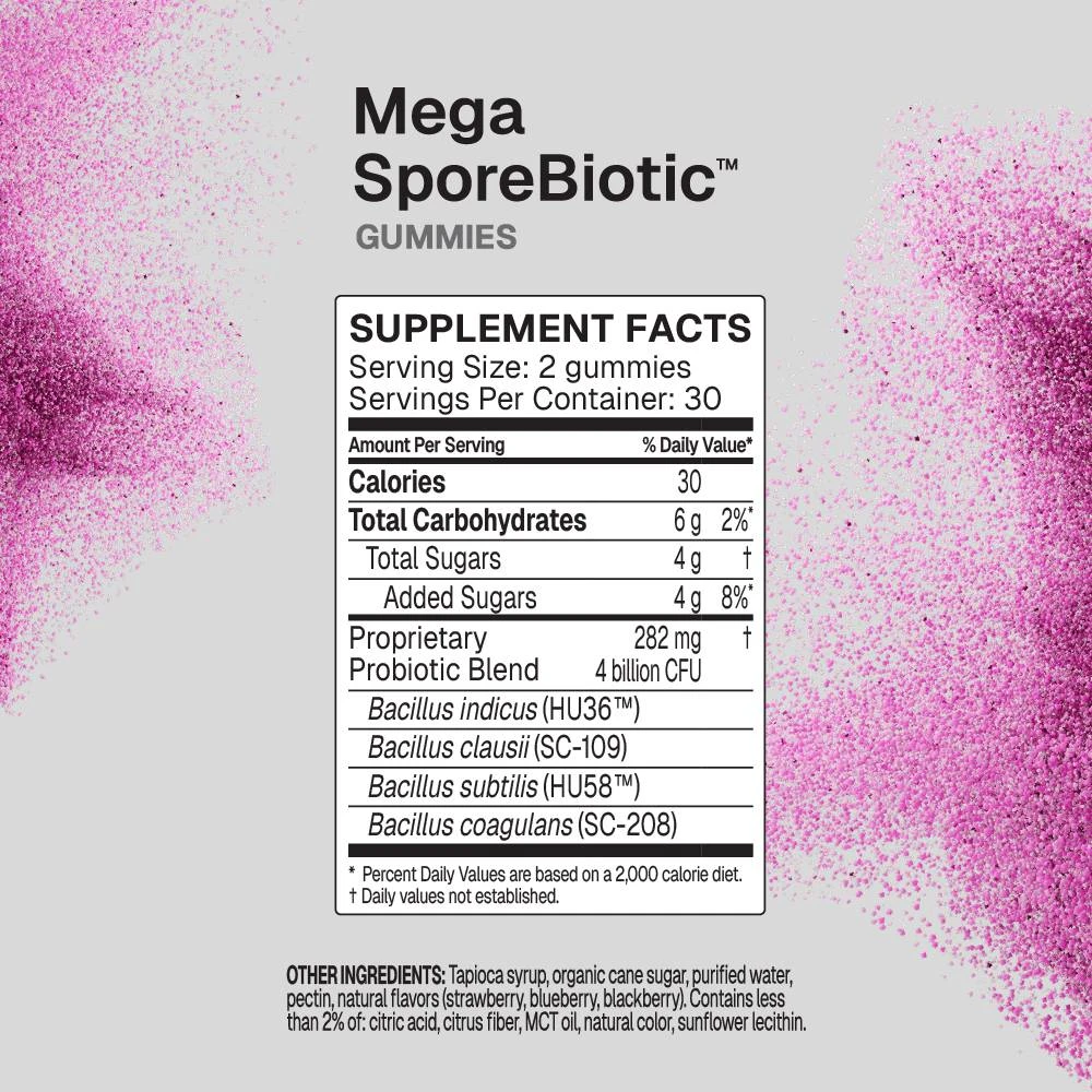Supplement facts panel for MegaSporeBiotic Gummies on pink background
