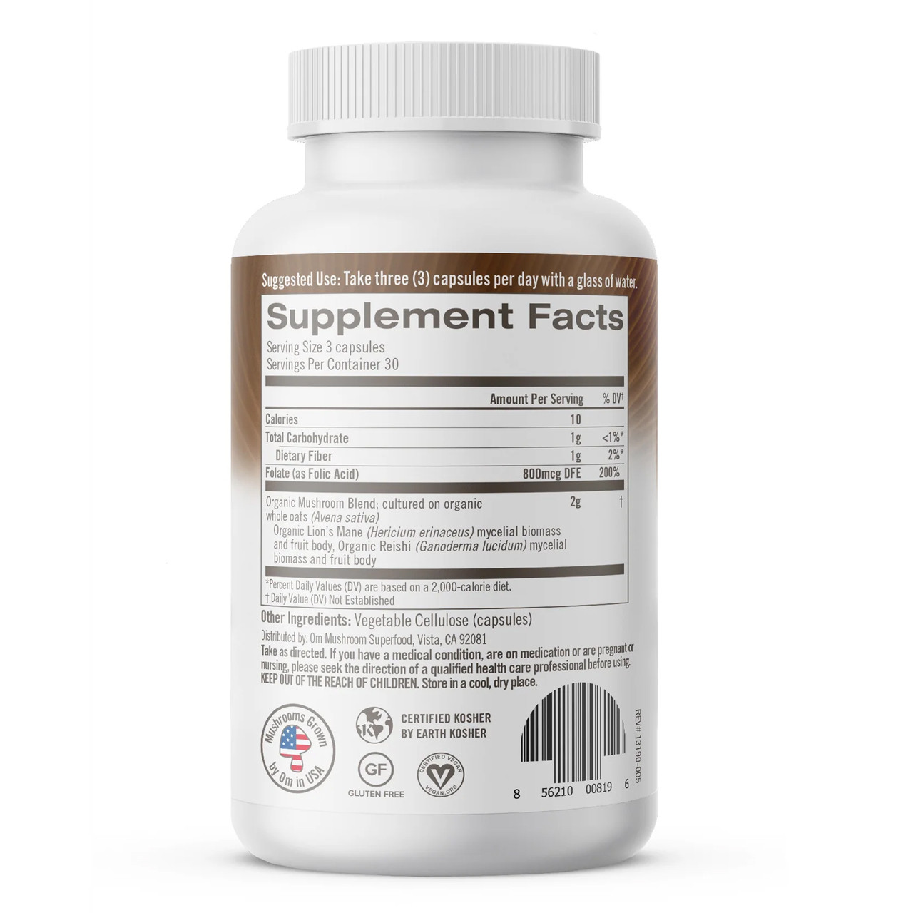 Back of Om Brain Fuel capsules bottle with supplement facts label