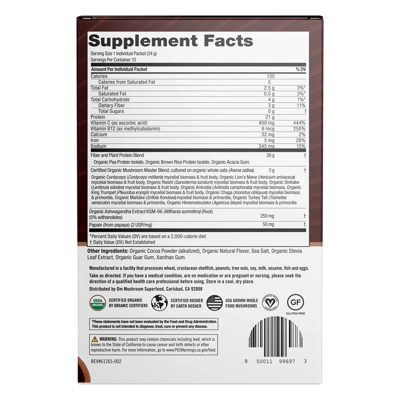 Om Master Blend Plant Protein pouch supplement facts side