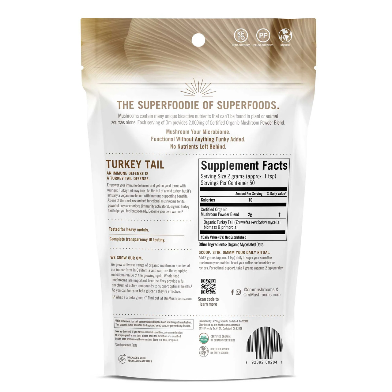 Back of Om Turkey Tail powder pouch with supplement facts and directions