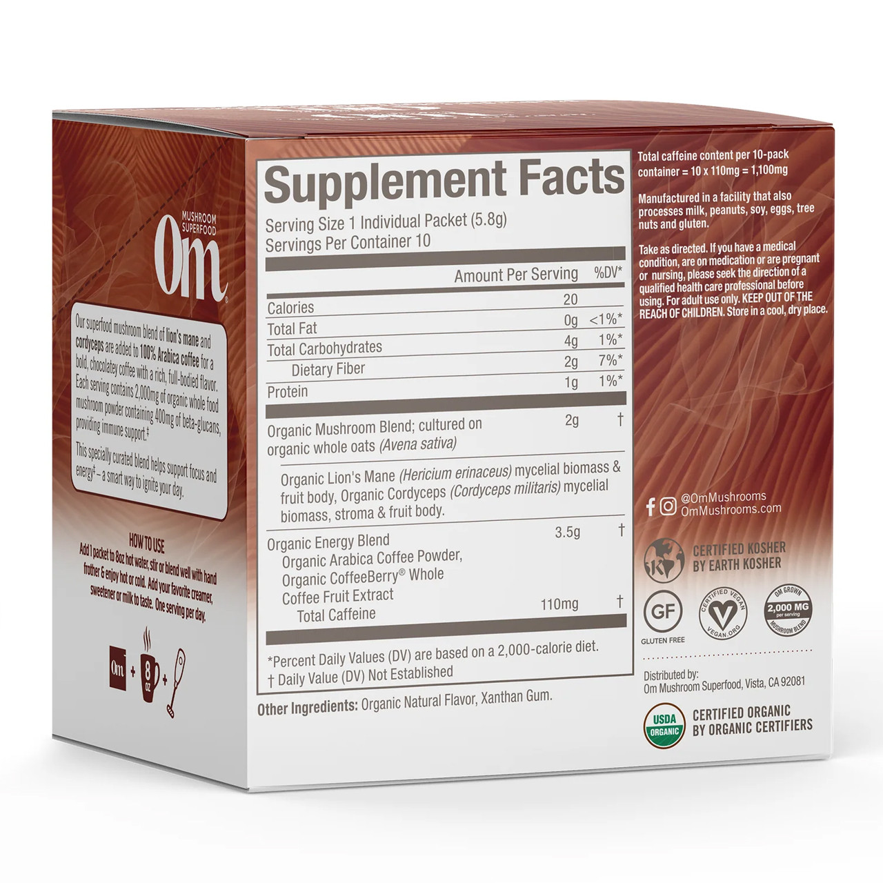 Mushroom coffee box back with supplement facts