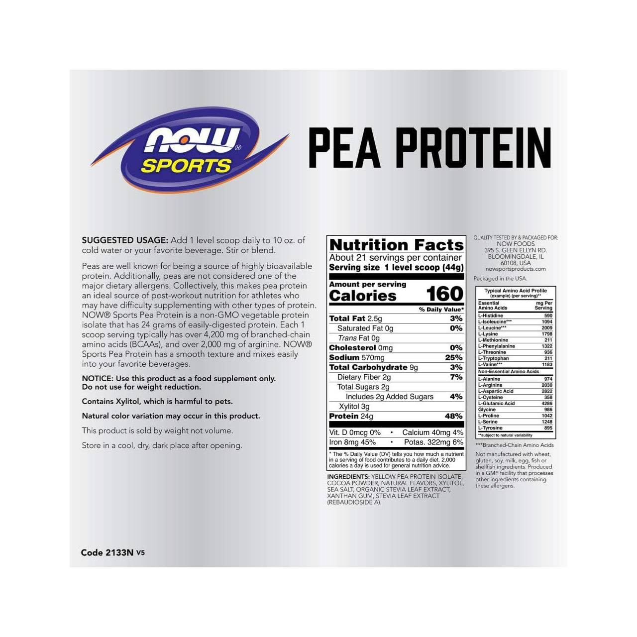 NOW Sports Pea Protein label with nutrition facts
