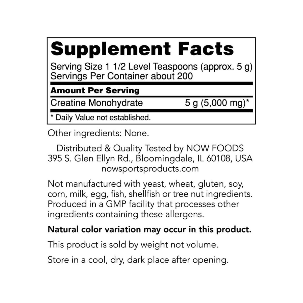 Creatine Monohydrate supplement facts, 5 g per serving