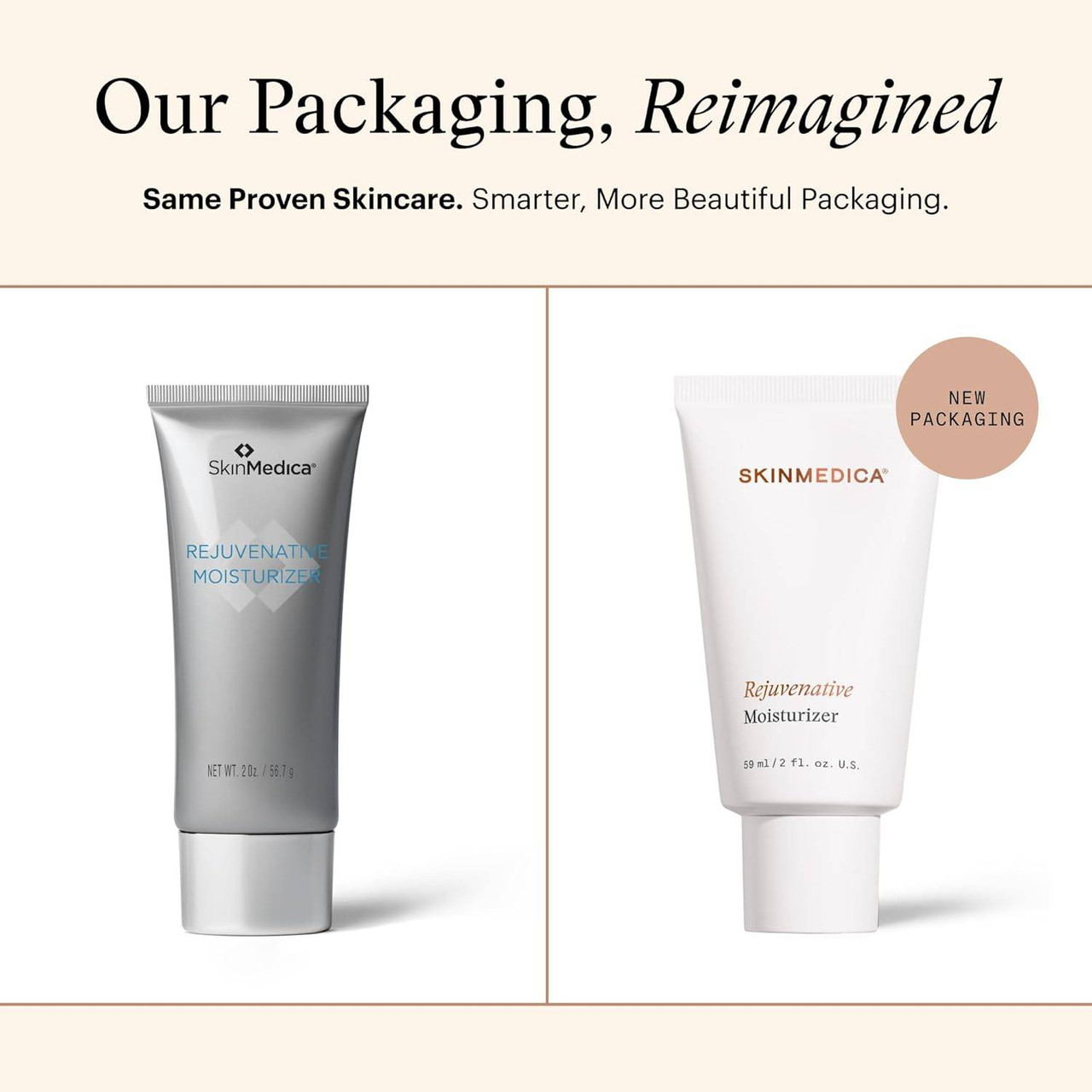 SkinMedica packaging reimagined: old silver tube beside new white Rejuvenative tube