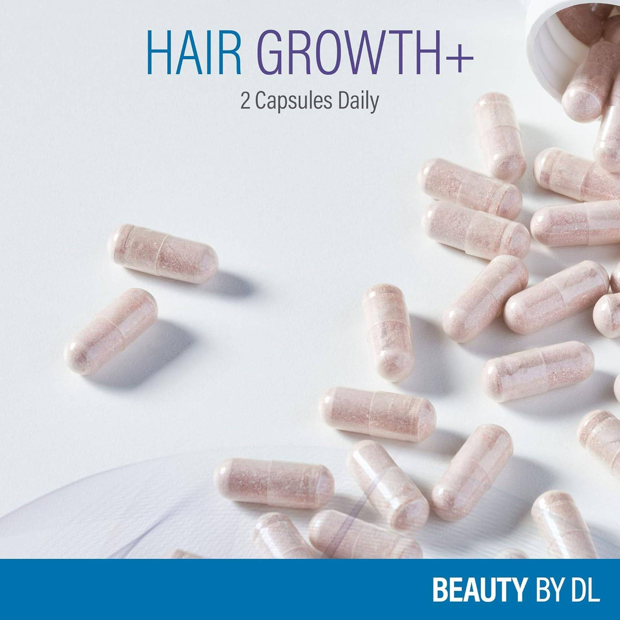 Hair Growth+ capsules scattered on a white surface, 2 capsules daily