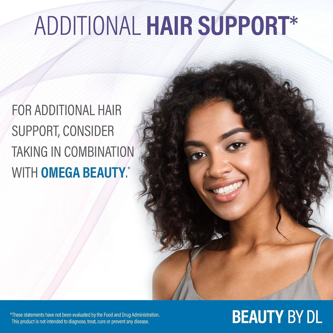 Smiling woman with curly hair, additional hair support with Omega Beauty graphic