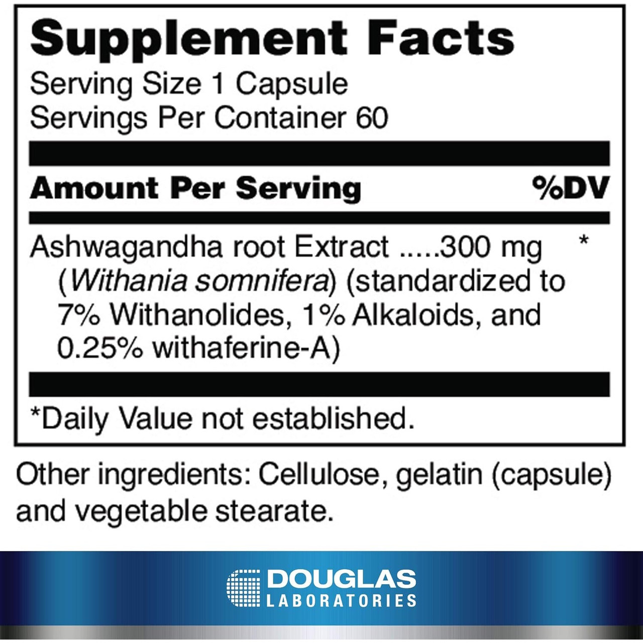 Ayur-Ashwagandha supplement facts, 300 mg ashwagandha root extract per capsule