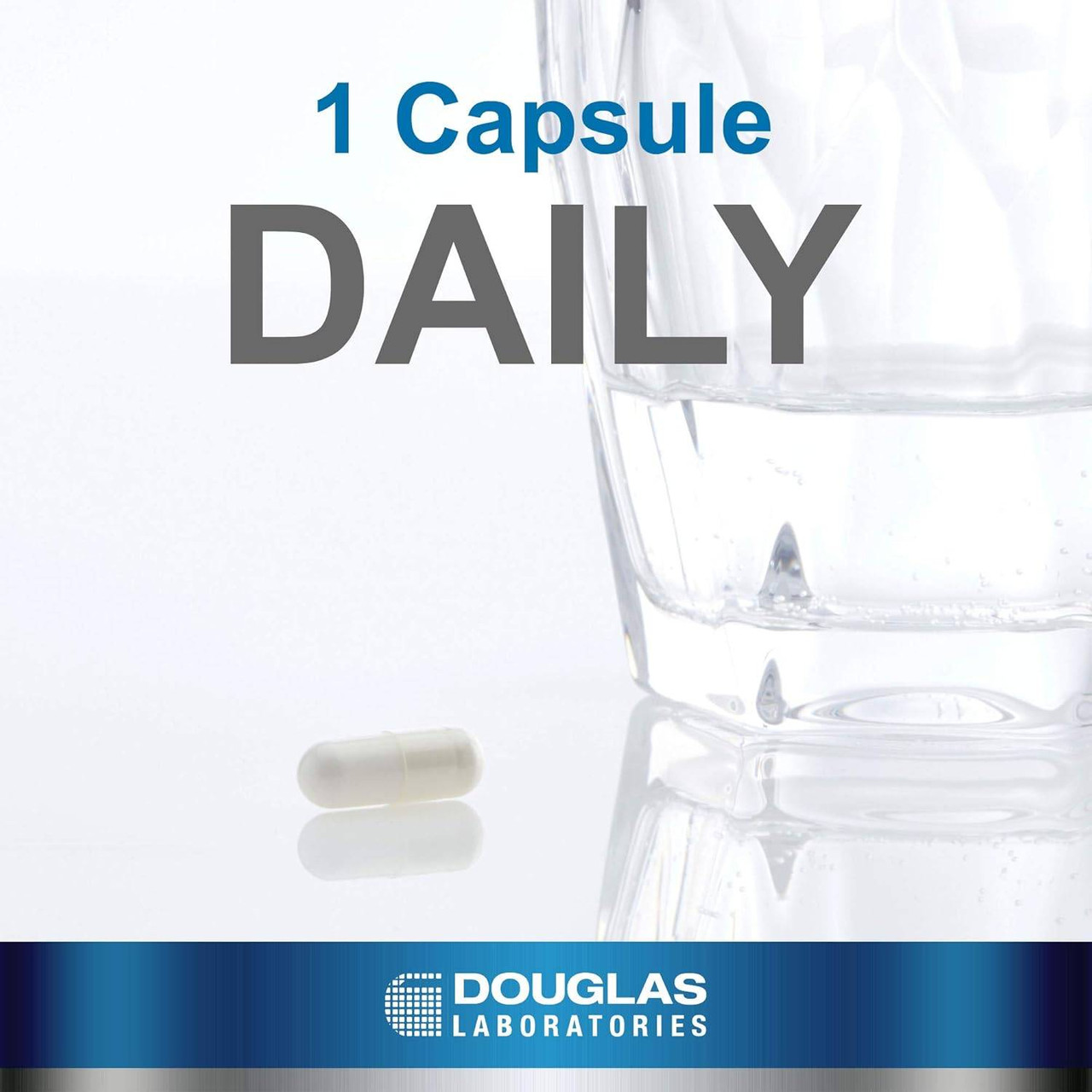 Single capsule beside a glass of water, 1 capsule daily graphic