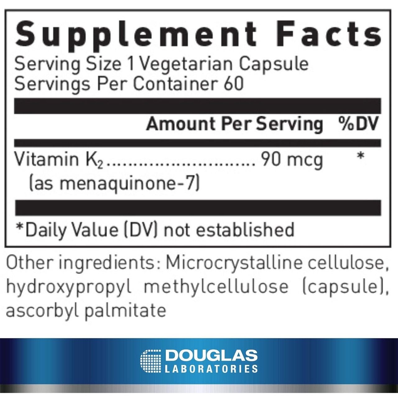 Vitamin K2 supplement facts, 90 mcg vitamin K2 as menaquinone-7 per vegetarian capsule