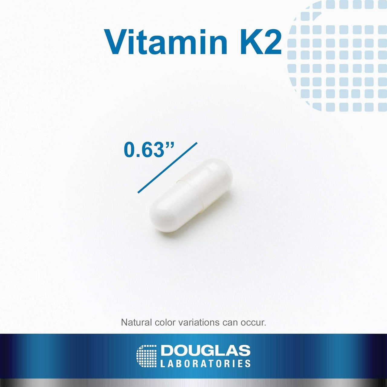Vitamin K2 capsule shown at 0.63 inches long for size reference