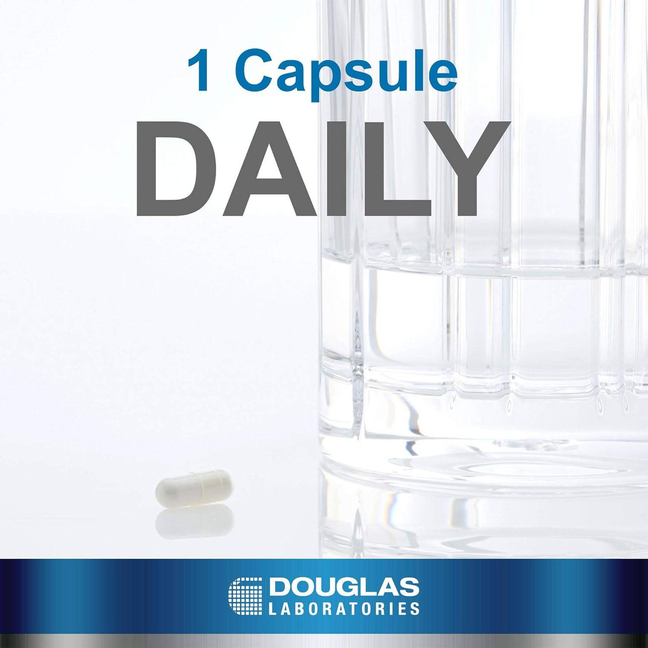 One capsule beside a glass of water, 1 capsule daily graphic