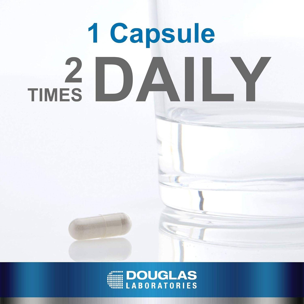 One capsule beside a glass of water, 1 capsule 2 times daily graphic