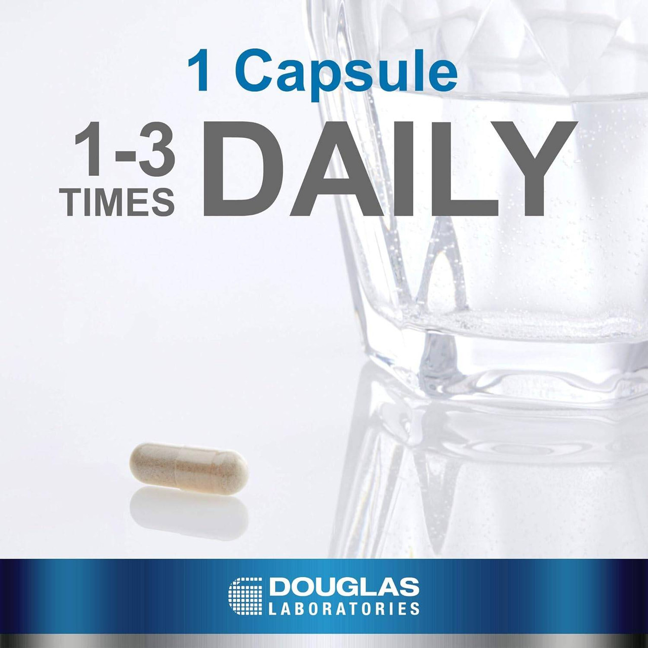 Capsule beside a glass, 1 capsule 1-3 times daily graphic