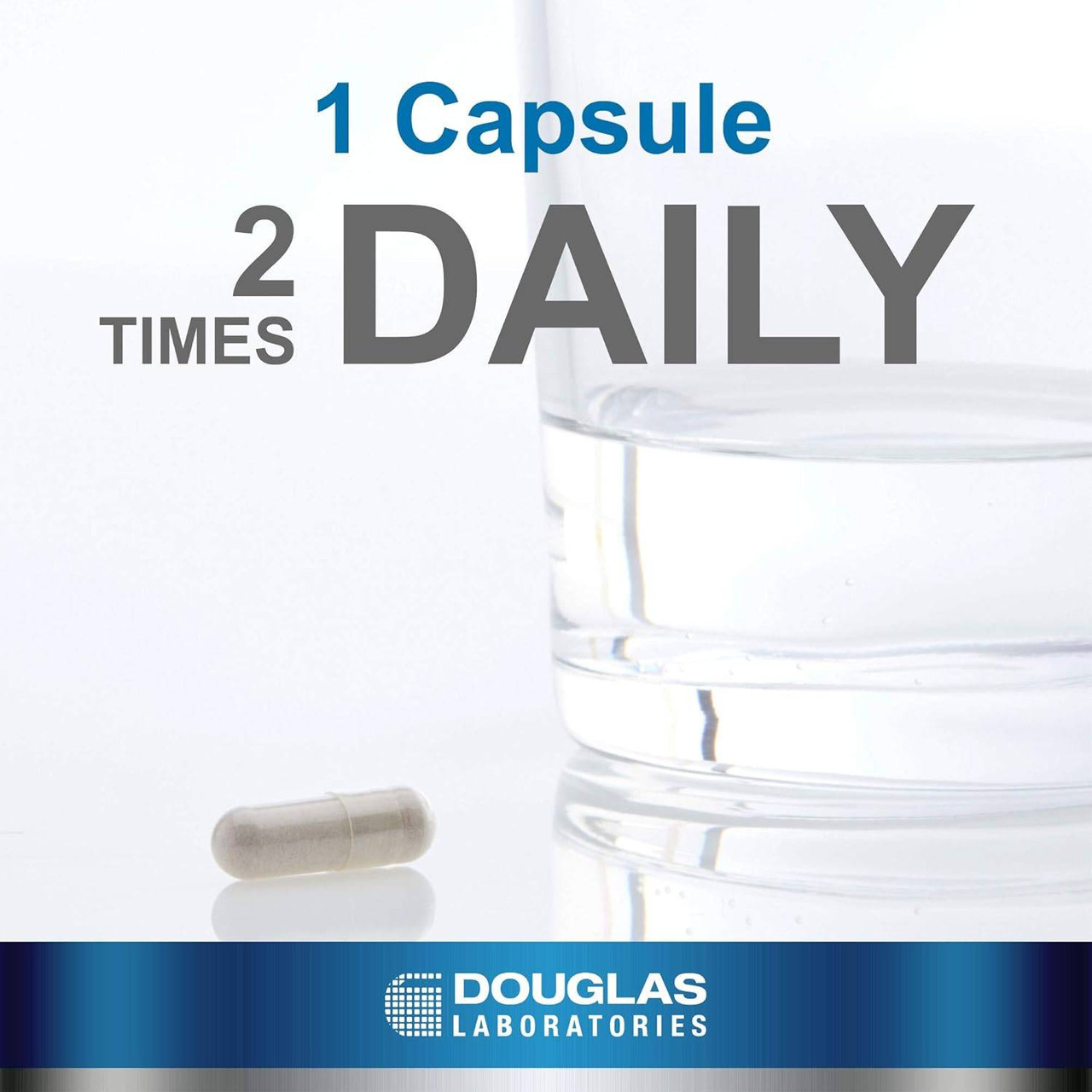 One capsule beside a glass of water, 1 capsule 2 times daily graphic