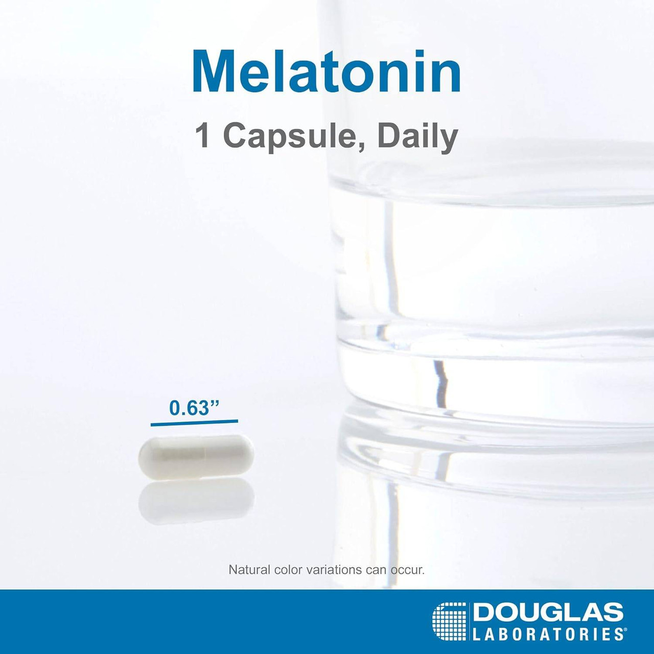 Melatonin capsule shown at 0.63 inches long, 1 capsule daily graphic