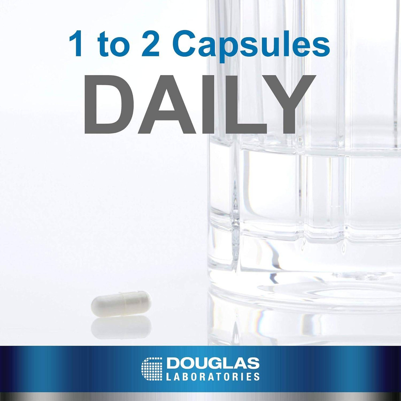 Capsules beside a glass of water, 1 to 2 capsules daily graphic