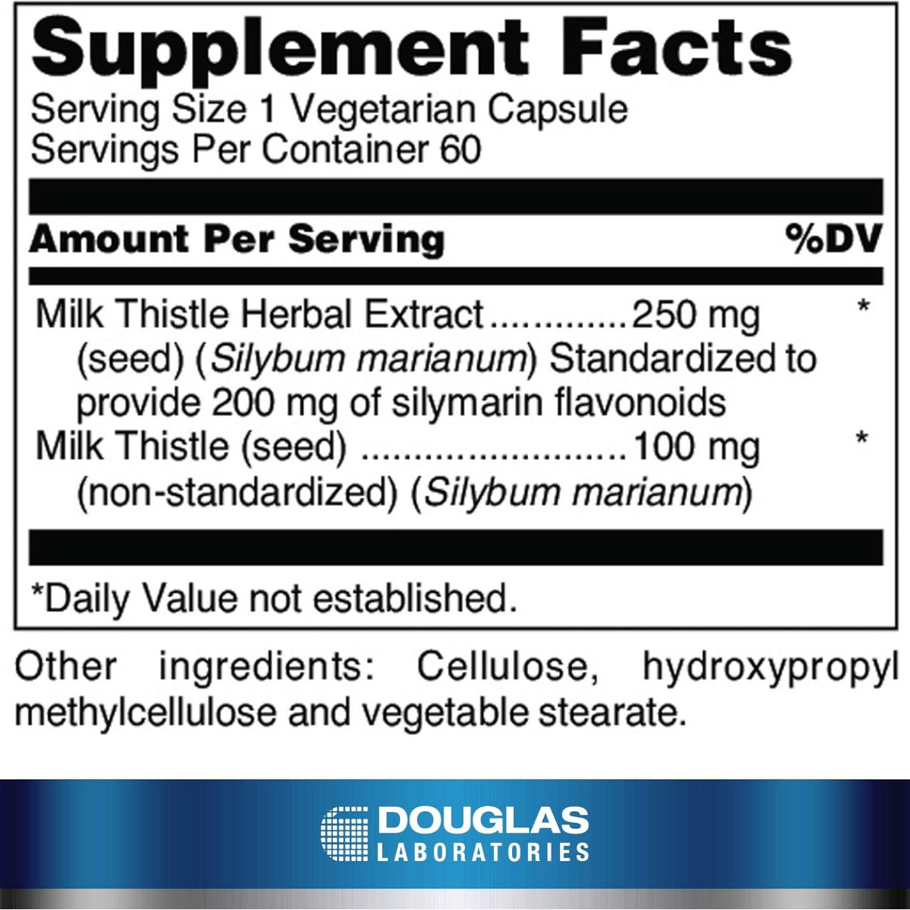 Milk Thistle Max-V supplement facts, 250 mg milk thistle seed extract and 100 mg milk thistle seed per capsule